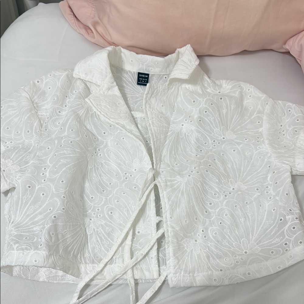 SHEIN White Eyelet Tie-Front Top